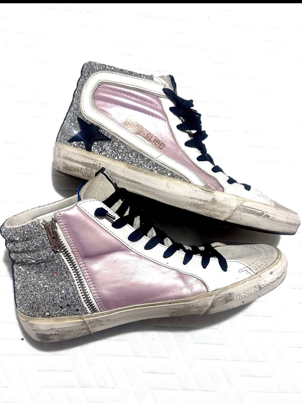 Golden Goose GGDB-Slide Mid-Top Sneakers in Pink, Silver Glitter, Black
